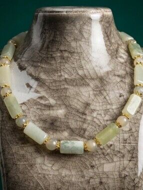 Artisan Made Green New Jade In Chunky Gold Plated Choker Or Necklace